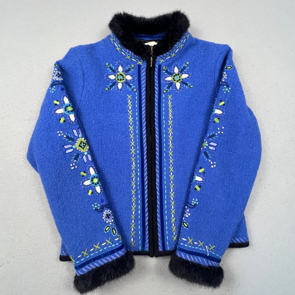 Carson Wool Embroidered Jacket Womens Small Blue Faux Fur Trim Boho Folk Art‎